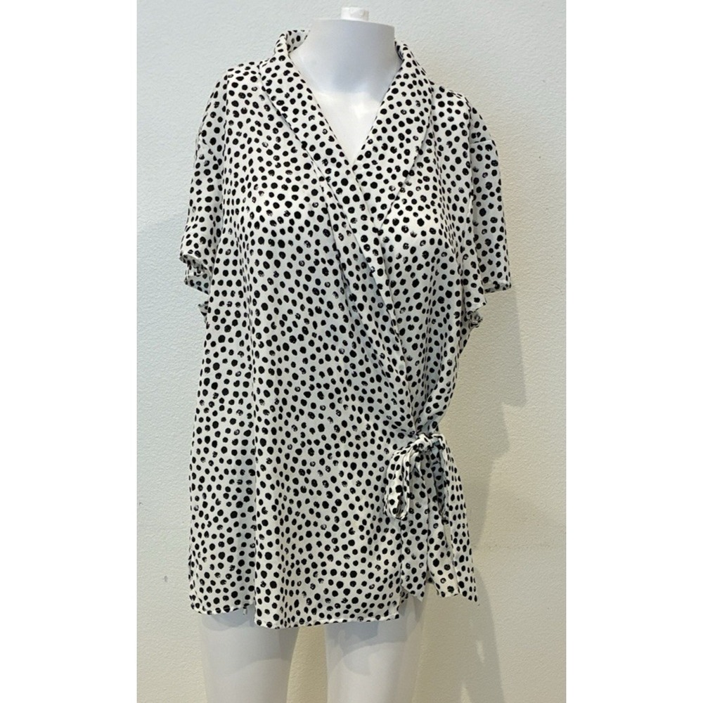 Adrianna Papell Womens Polka Dot Wrap Blouse Size L V-Neck Office Quiet Luxury